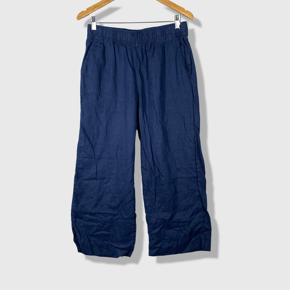 Tahari Linen Pants Womens Medium Navy Blue Coastal Minimalist Summer Casual